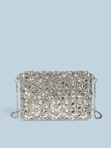 Silver Handmade Woven Beaded Small Square Crossbody Bag Shiny Metal Like Hollow Out Evening Party Handbag For Women