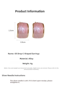 Detail view of pink enamel C-shaped stud earrings showing 1.3cm height dimensions