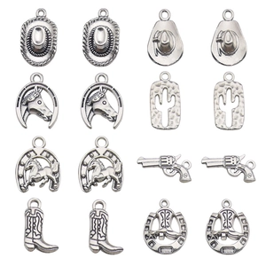 Antique Silver Zinc Alloy Western Cowboy Charms Pendants For DIY Jewelry Making Hat Cactus Boots Revolver Horse Horseshoe