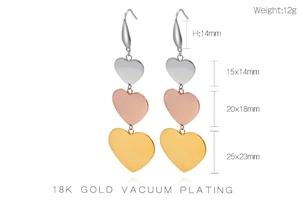Detail of triple heart drop earrings in gold, silver, and rose gold with size dimensions