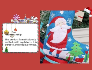 Detail of blue felt Christmas stocking with Santa Claus applique and snowflake embroidery