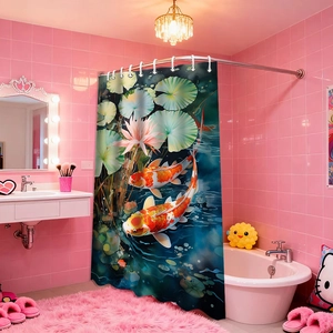 Detail of waterproof polyester shower curtain featuring koi fish and lotus floral print