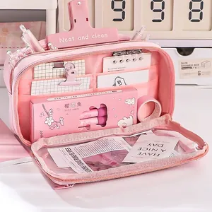 Pink multi-layer large capacity stationery pouch with double zippers and mesh pockets