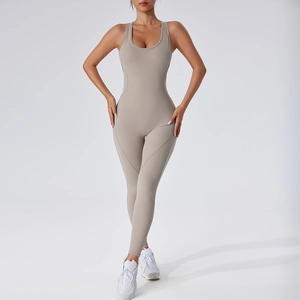 Sleeveless backless yoga bodysuit in beige high-stretch fabric with built-in chest pads