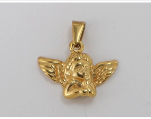 Detail of a 18K gold plated stainless steel Cupid angel pendant with metallic luster