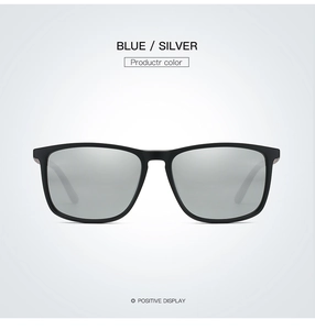 Front view of classic rectangle polarized sunglasses with matte black frames and silver lenses