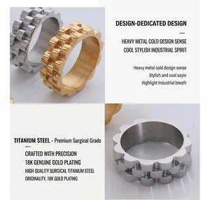 Detailed macro view of brushed titanium steel gear ring with 18k gold plating texture