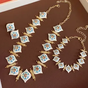 Vintage Enamel Rhombus Heart Jewelry Necklace Bracelet Earrings With Silver Earring Post Blue White Rhinestone Elegant
