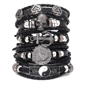 Punk Retro Skull Anchor Leather Bracelet Set For Men Handmade Braided Multilayer Wrap Bracelet Poker Tai Chi Rock Wristband