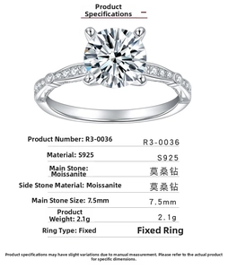 Macro detail of 7.5mm round moissanite ring showing 4-prong setting and S925 silver band