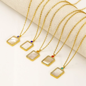 18K Gold Plated Stainless Steel Birthstone Pendant Necklace For Women Mother Of Artificial Pearl Rectangle Shell Cubic Zirconia