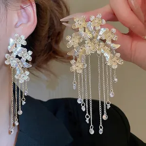 Flower Butterfly Long Tassel Earrings With 925 Sterling Silver Earring Post Alloy Crystal Vintage Style