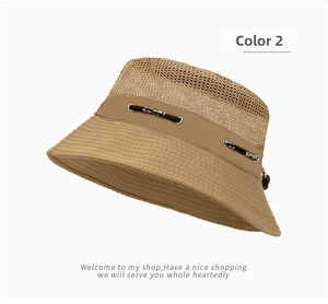 Dettaglio cappello a secchiello kaki con mesh traspirante e cordino sportivo regolabile