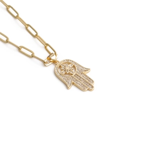 Gold Hamsa hand pendant necklace with sparkling zircons and a long oval link chain