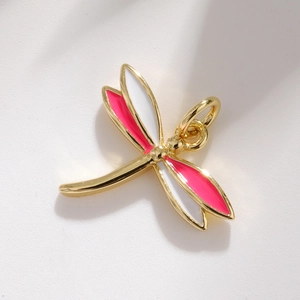 Exquisite gold dragonfly pendant with pink and white enamel wings for jewelry making