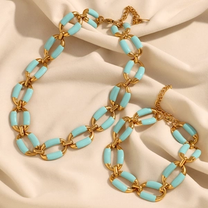 Stainless Steel Jewelry Set 18K Gold Plated Enamel Blue Chunky Oval Chain Necklace And Bracelet For Women Fashion Accessories