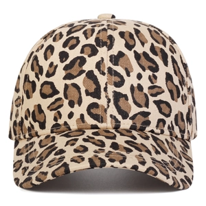 Detailed view of fashionable leopard print cotton baseball cap with curved brim texture