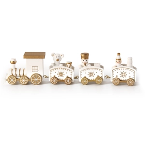 Detail of wooden Christmas train featuring polar bear, soldier, and snowman figures