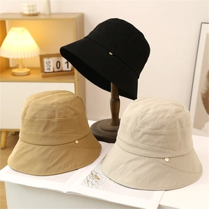 Women Bucket Hat Wide Brim Sun Protection Polyester Fabric Korean Style Metal Buckle Decor Summer Autumn Outdoor Casual