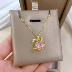 Pink rabbit star ring pendant necklace in gold finish for women necklace jewelry