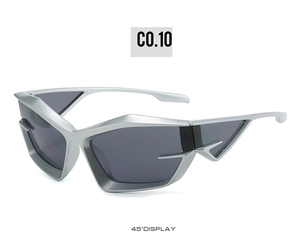 Futuristic silver cat-eye sunglasses with sharp geometric frames shown from a 45-degree angle