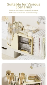 Detail of cream desktop organizer showing transparent drawers and rotating pen holder brush slots