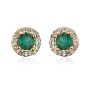 Detailed close-up of 18K gold plated halo earrings with green gemstone and zircon