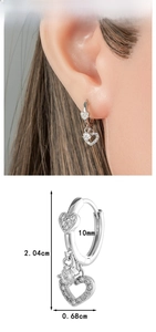 Silver heart earrings with cubic zirconia, measuring 2.04cm in length and 10mm inner diameter