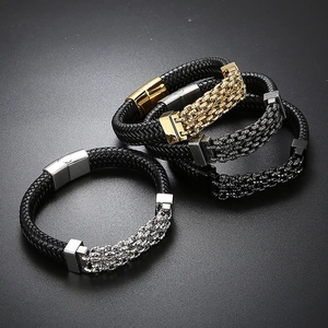 Mens punk woven leather bracelets with magnetic clasps and textured metal mesh accents