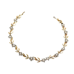 Serre-tête de mariée élégant avec feuilles en métal doré, strass et perles douces