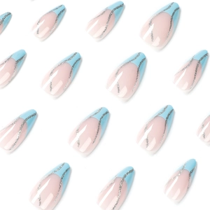 Almond-shaped French press-on nails with blue tips and silver glitter wave lines