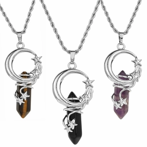 Hexagonal Stone Pillar Pendant Necklace Copper Moon Star Wrap Stainless Steel Chain Bohemian Vintage Jewelry Women