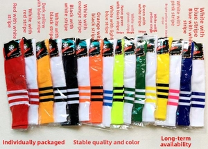 Detailed set of 16-color striped football socks in individual plastic packaging