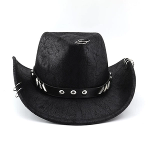 Black faux suede western cowboy hat with silver rivets and punk style metal rings