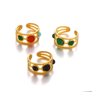 18K gold plated stainless steel open rings with colorful resin stones in woven design