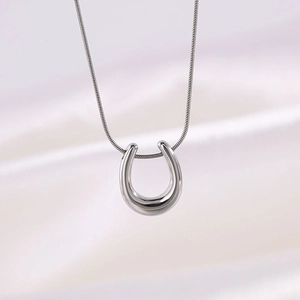 Macro shot of silver horseshoe pendant on a fine snake chain against silk fabric