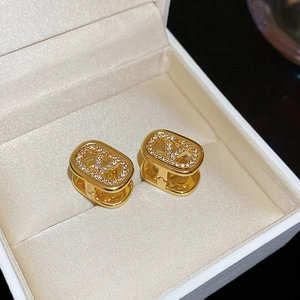 Detailed macro view of gold oval earrings with crystal V logo in a jewelry box