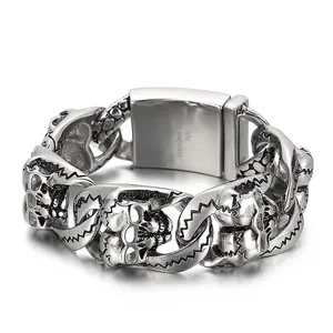 Bracelet À Maillons Tête De Mort Pour Hommes Vintage Vieilli Acier Inoxydable 316L Punk Rock Gothique Chaîne Lourde Bijoux