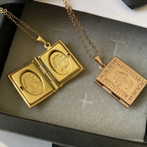 18K gold plated stainless steel book locket necklace with vintage Christmas tree relief
