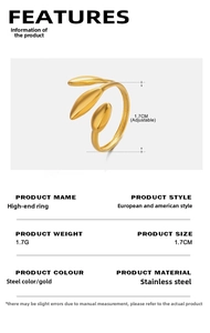 Detailed size specifications for 18K gold plated leaf-shaped adjustable ring