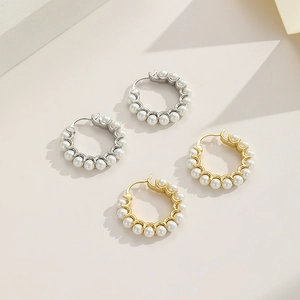 French style pearl hoop earrings in gold and silver plating with vintage elegant design
