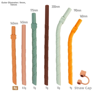 Detailed view of colorful food-grade silicone straws with bear caps and sizing parameters