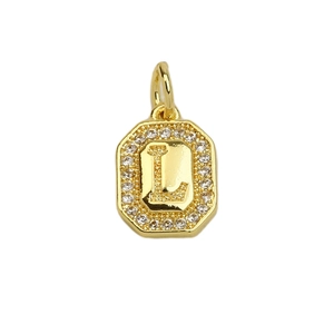 Close-up of 18k gold plated octagonal pendant with cubic zirconia and letter L