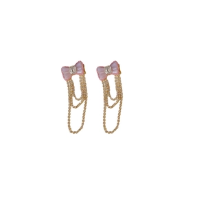 Pink bow drop earrings with sparkling rhinestone tassels and gold finish for women