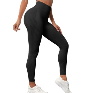 Legging de yoga sans couture noir à taille haute et maille côtelée pour sport et fitness