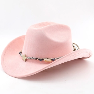 Detail of pink faux suede cowboy hat with star charms and bohemian beaded rope decoration