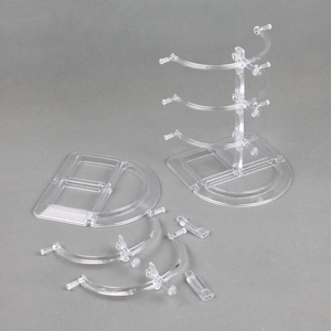 Three-tier transparent acrylic eyewear display stand with detachable base and hooks