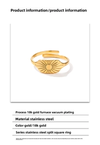 Detail of 18k gold plated square ring with radial sunburst texture and adjustable band