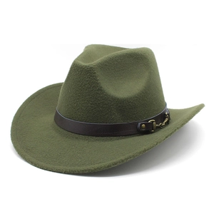 Detail of army green wool felt cowboy hat with brown faux leather belt and gold buckle