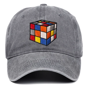 Vintage washed dark grey baseball cap featuring colorful 3D cube embroidery and cotton texture